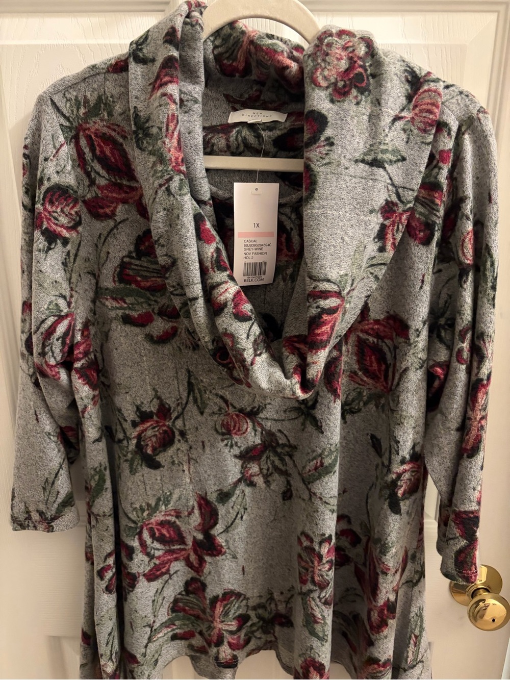 New Directions Gray Floral Cowl Neck Sweater with Wine/Grey Print